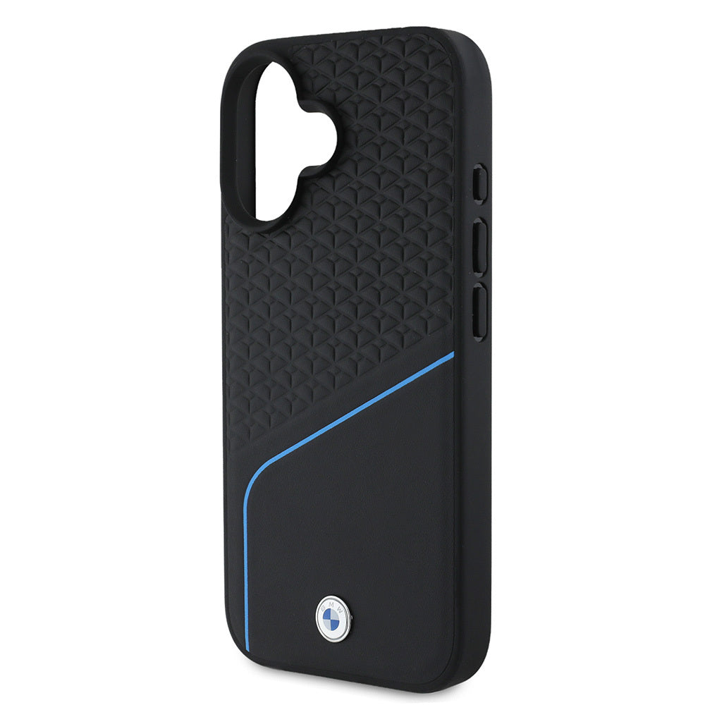 iPhone 16 Kılıf BMW Orjinal Lisanslı M-safe Şarj Özellikli Metal Logolu Dokulu ve Çizgili Deri Kapak