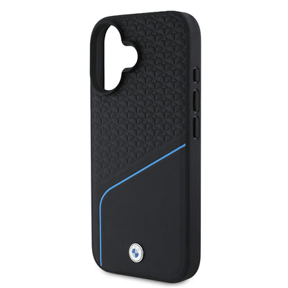 iPhone 16 Kılıf BMW Orjinal Lisanslı M-safe Şarj Özellikli Metal Logolu Dokulu ve Çizgili Deri Kapak