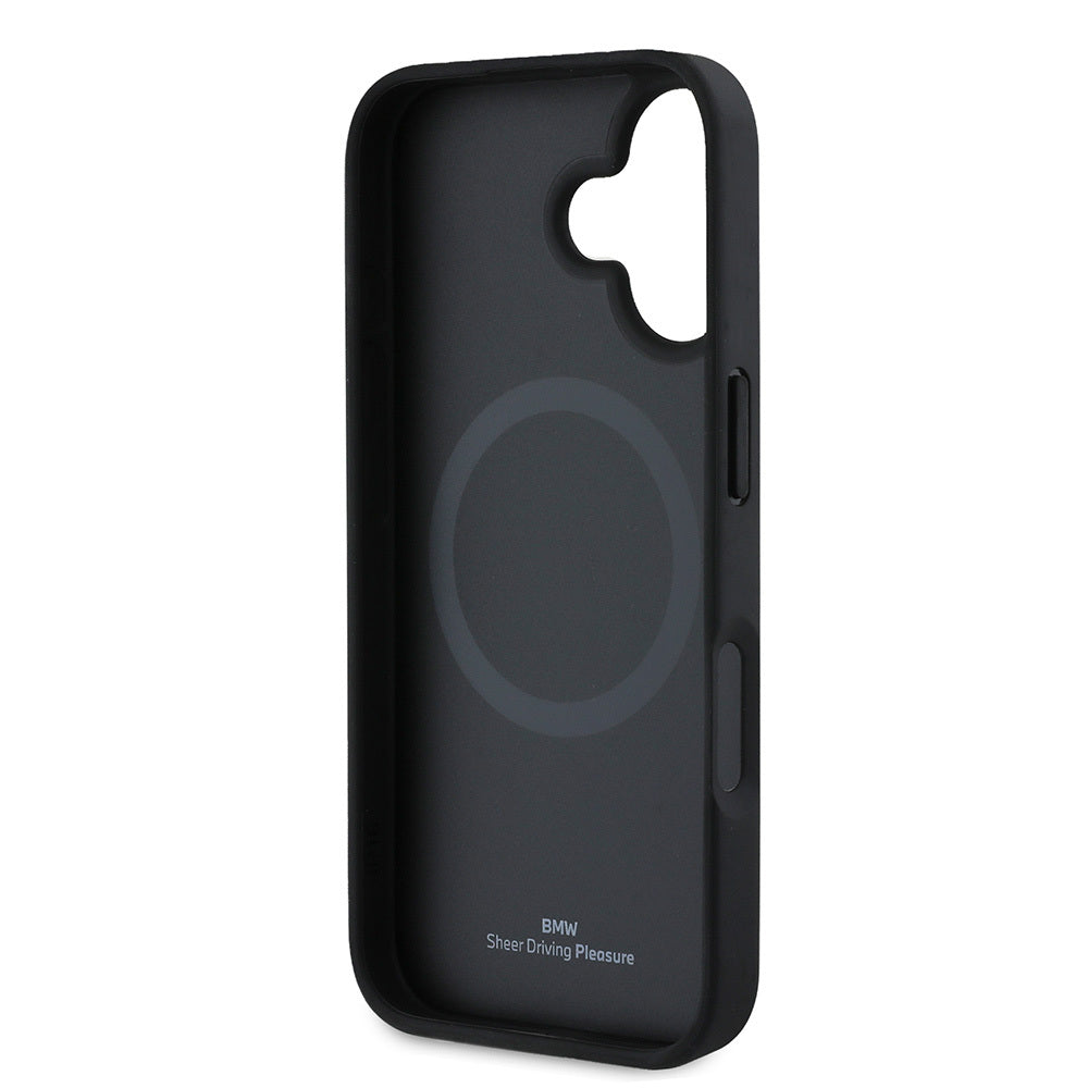 iPhone 16 Kılıf BMW Orjinal Lisanslı M-safe Şarj Özellikli Metal Logolu Dokulu ve Çizgili Deri Kapak