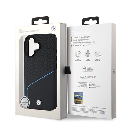 iPhone 16 Kılıf BMW Orjinal Lisanslı M-safe Şarj Özellikli Metal Logolu Dokulu ve Çizgili Deri Kapak