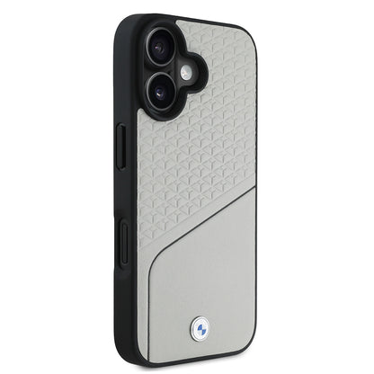 iPhone 16 Kılıf BMW Orjinal Lisanslı M-safe Şarj Özellikli Metal Logolu Dokulu ve Çizgili Deri Kapak