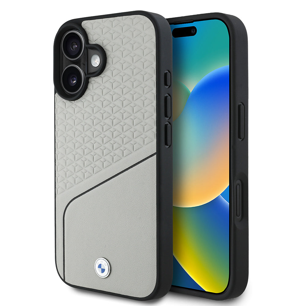 iPhone 16 Kılıf BMW Orjinal Lisanslı M-safe Şarj Özellikli Metal Logolu Dokulu ve Çizgili Deri Kapak