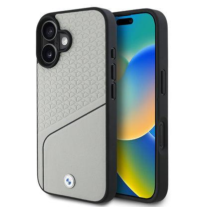 iPhone 16 Kılıf BMW Orjinal Lisanslı M-safe Şarj Özellikli Metal Logolu Dokulu ve Çizgili Deri Kapak