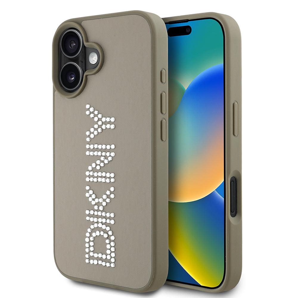 iPhone 16 Kılıf DKNY Orjinal Lisanslı Taşlı DKNY Yazılı Metalik Rhinestones PU Deri Kapak
