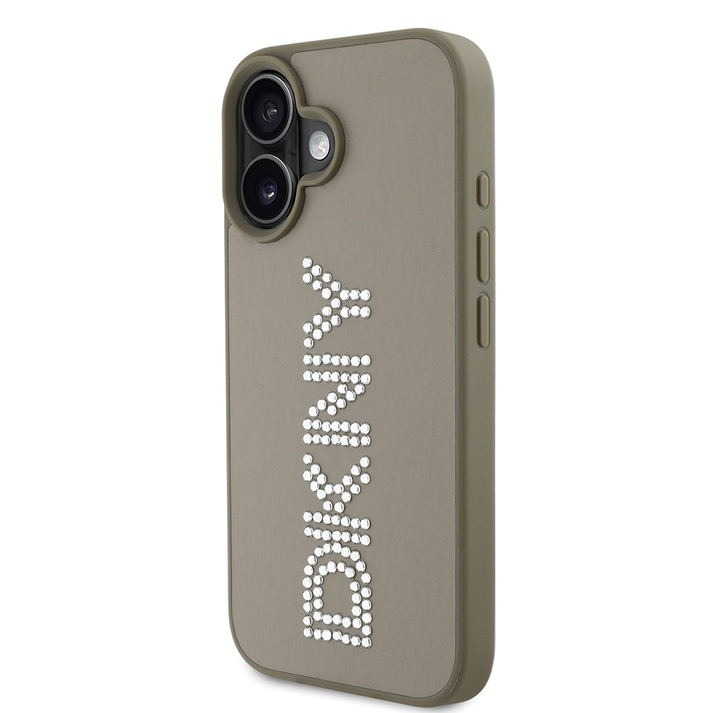 iPhone 16 Kılıf DKNY Orjinal Lisanslı Taşlı DKNY Yazılı Metalik Rhinestones PU Deri Kapak