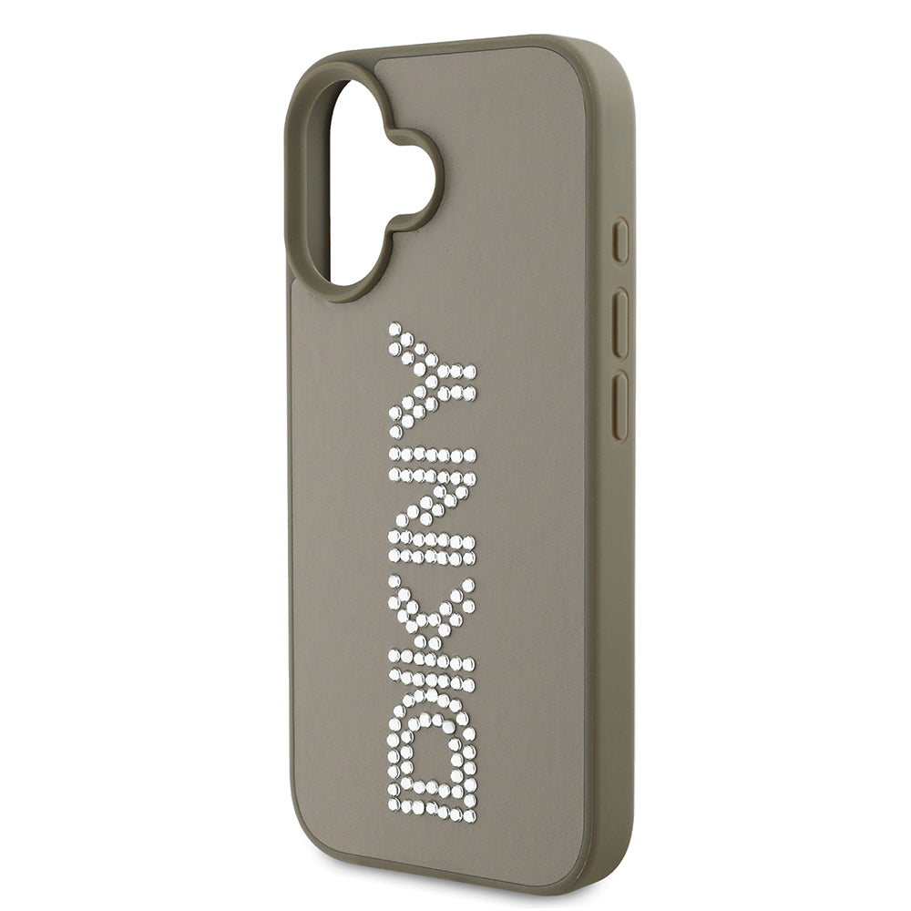 iPhone 16 Kılıf DKNY Orjinal Lisanslı Taşlı DKNY Yazılı Metalik Rhinestones PU Deri Kapak