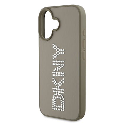 iPhone 16 Kılıf DKNY Orjinal Lisanslı Taşlı DKNY Yazılı Metalik Rhinestones PU Deri Kapak