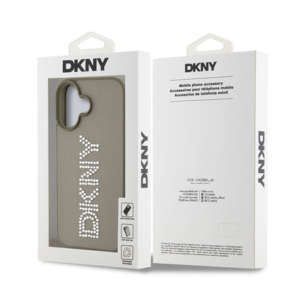 iPhone 16 Kılıf DKNY Orjinal Lisanslı Taşlı DKNY Yazılı Metalik Rhinestones PU Deri Kapak