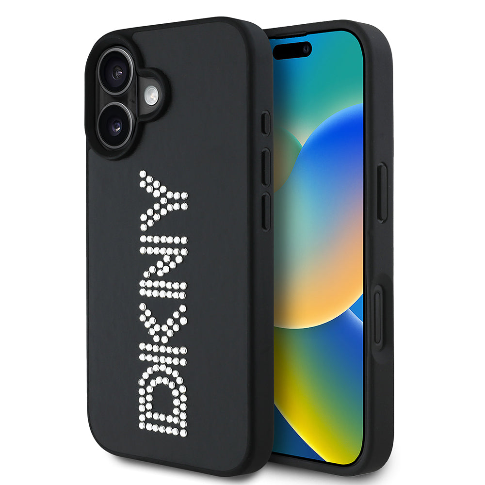 iPhone 16 Kılıf DKNY Orjinal Lisanslı Taşlı DKNY Yazılı Metalik Rhinestones PU Deri Kapak