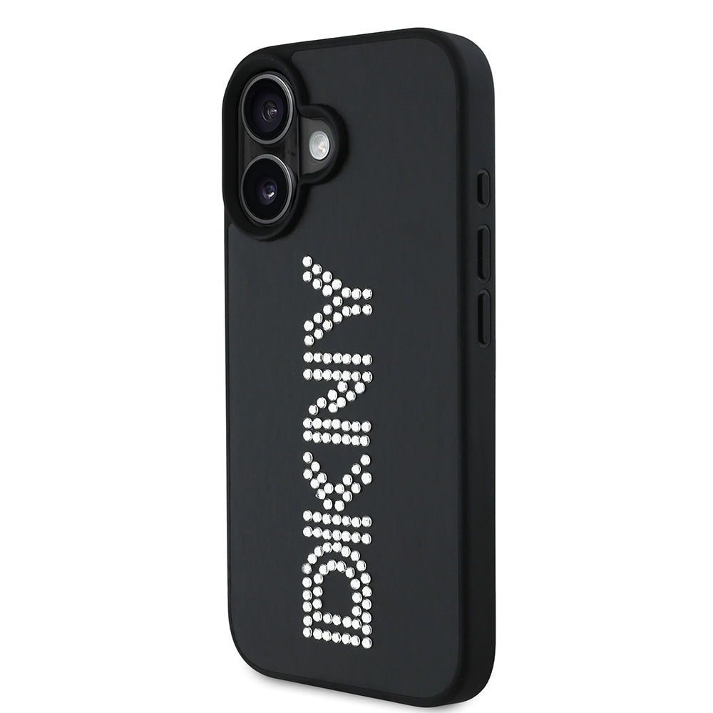 iPhone 16 Kılıf DKNY Orjinal Lisanslı Taşlı DKNY Yazılı Metalik Rhinestones PU Deri Kapak