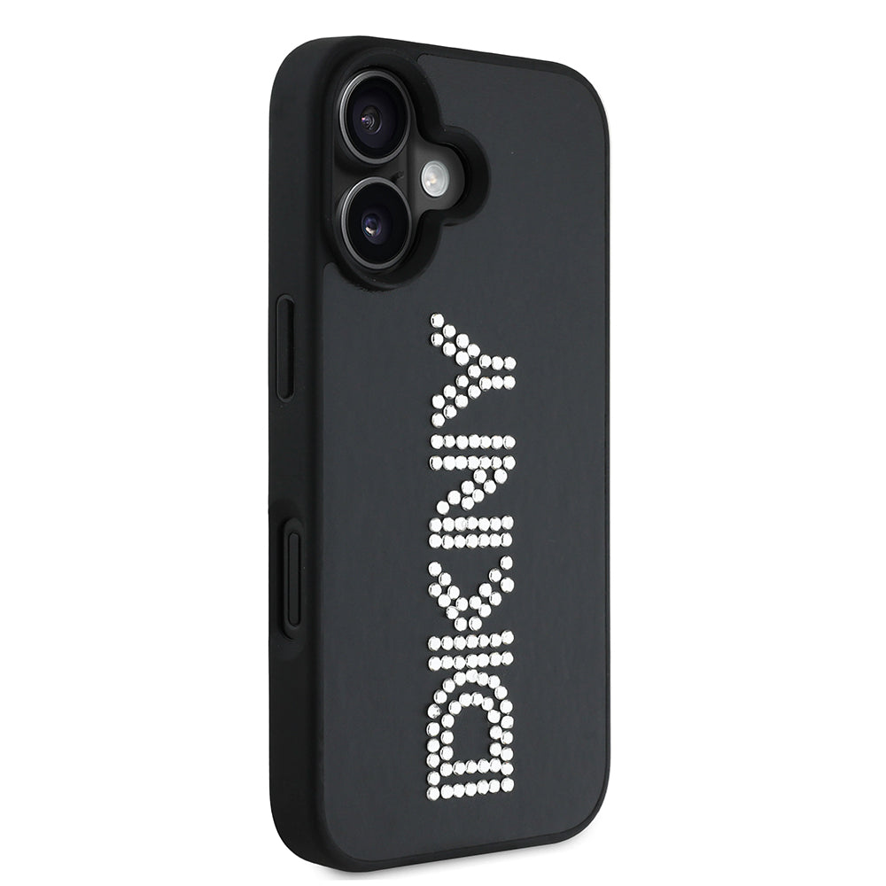 iPhone 16 Kılıf DKNY Orjinal Lisanslı Taşlı DKNY Yazılı Metalik Rhinestones PU Deri Kapak