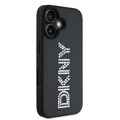 iPhone 16 Kılıf DKNY Orjinal Lisanslı Taşlı DKNY Yazılı Metalik Rhinestones PU Deri Kapak