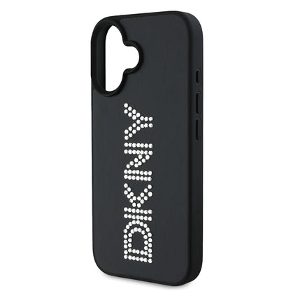 iPhone 16 Kılıf DKNY Orjinal Lisanslı Taşlı DKNY Yazılı Metalik Rhinestones PU Deri Kapak
