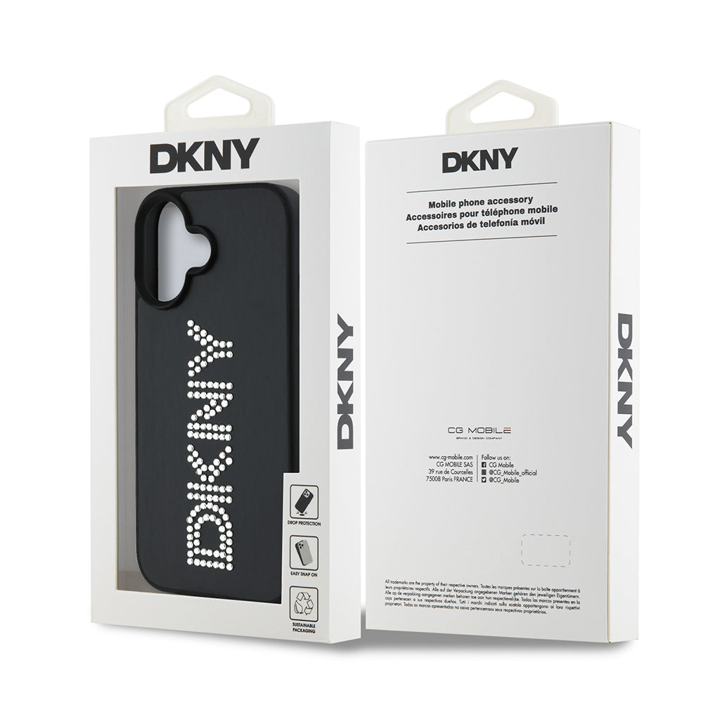 iPhone 16 Kılıf DKNY Orjinal Lisanslı Taşlı DKNY Yazılı Metalik Rhinestones PU Deri Kapak
