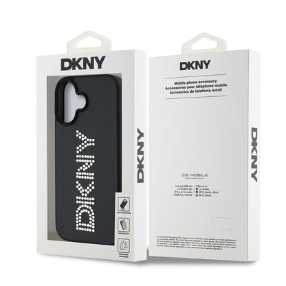 iPhone 16 Kılıf DKNY Orjinal Lisanslı Taşlı DKNY Yazılı Metalik Rhinestones PU Deri Kapak