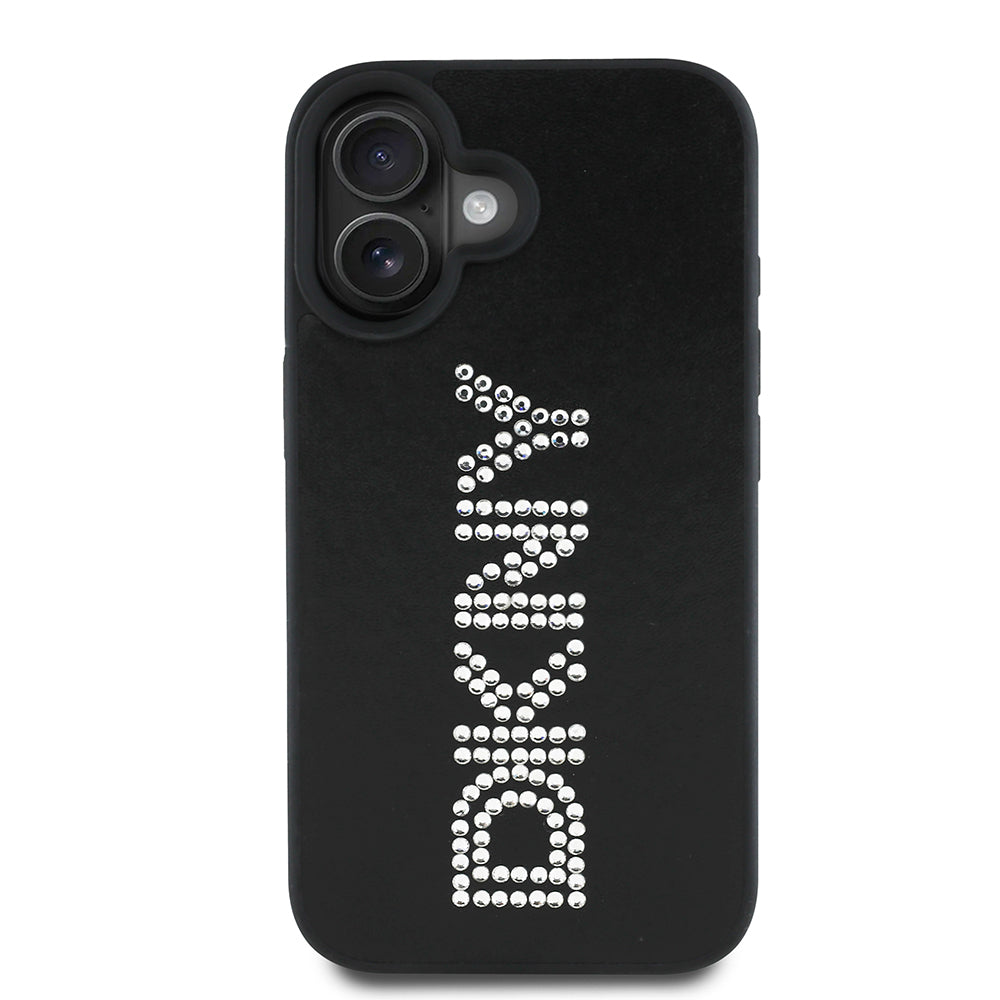 iPhone 16 Kılıf DKNY Orjinal Lisanslı Taşlı DKNY Yazılı Metalik Rhinestones PU Deri Kapak
