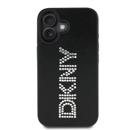 iPhone 16 Kılıf DKNY Orjinal Lisanslı Taşlı DKNY Yazılı Metalik Rhinestones PU Deri Kapak