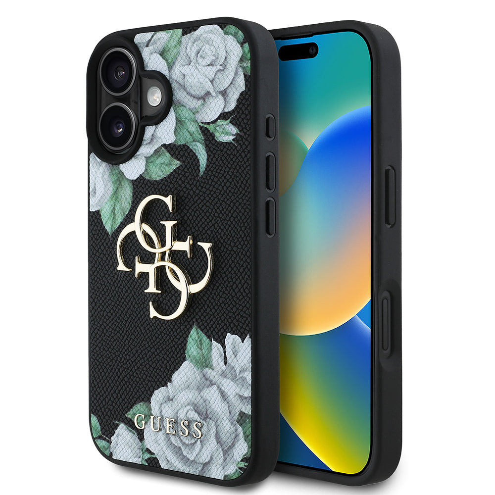 iPhone 16 Kılıf Guess Orjinal Lisanslı Gül Baskılı Büyük Metal Logo Dizaynlı Kapak