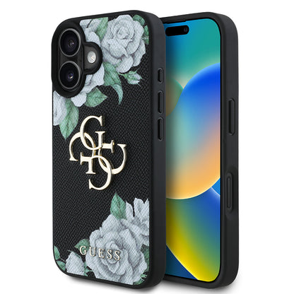 iPhone 16 Kılıf Guess Orjinal Lisanslı Gül Baskılı Büyük Metal Logo Dizaynlı Kapak