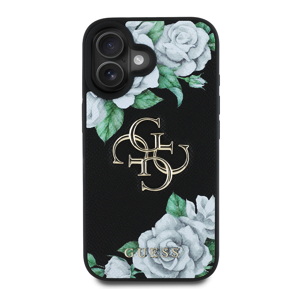 iPhone 16 Kılıf Guess Orjinal Lisanslı Gül Baskılı Büyük Metal Logo Dizaynlı Kapak
