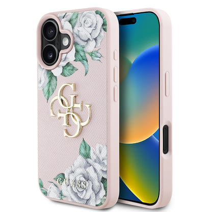 iPhone 16 Kılıf Guess Orjinal Lisanslı Gül Baskılı Büyük Metal Logo Dizaynlı Kapak