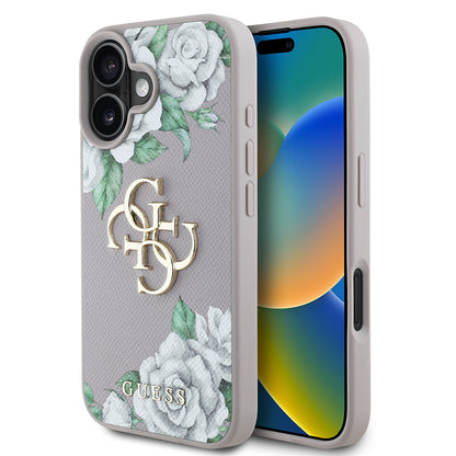 iPhone 16 Kılıf Guess Orjinal Lisanslı Gül Baskılı Büyük Metal Logo Dizaynlı Kapak