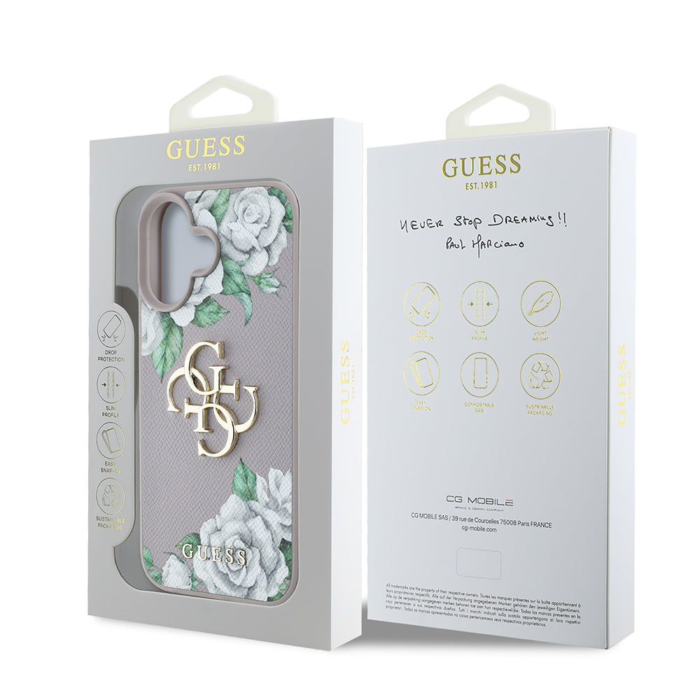 iPhone 16 Kılıf Guess Orjinal Lisanslı Gül Baskılı Büyük Metal Logo Dizaynlı Kapak