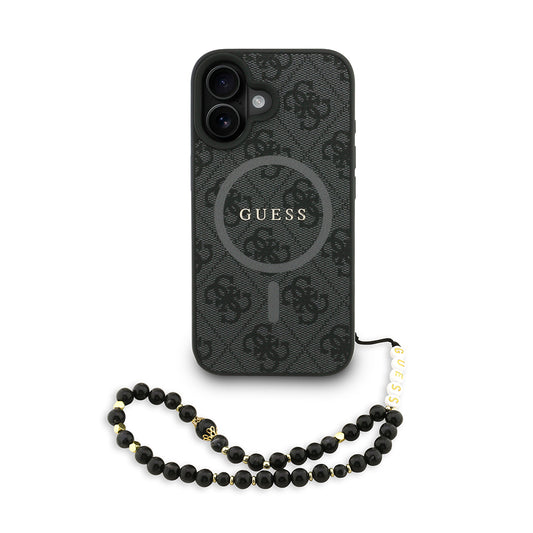 iPhone 16 Kılıf Guess Orjinal Lisanslı M-safe Şarj Özellikli PU Deri Bilek Askı İpli Yazı Logolu Kapak