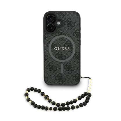 iPhone 16 Kılıf Guess Orjinal Lisanslı M-safe Şarj Özellikli PU Deri Bilek Askı İpli Yazı Logolu Kapak