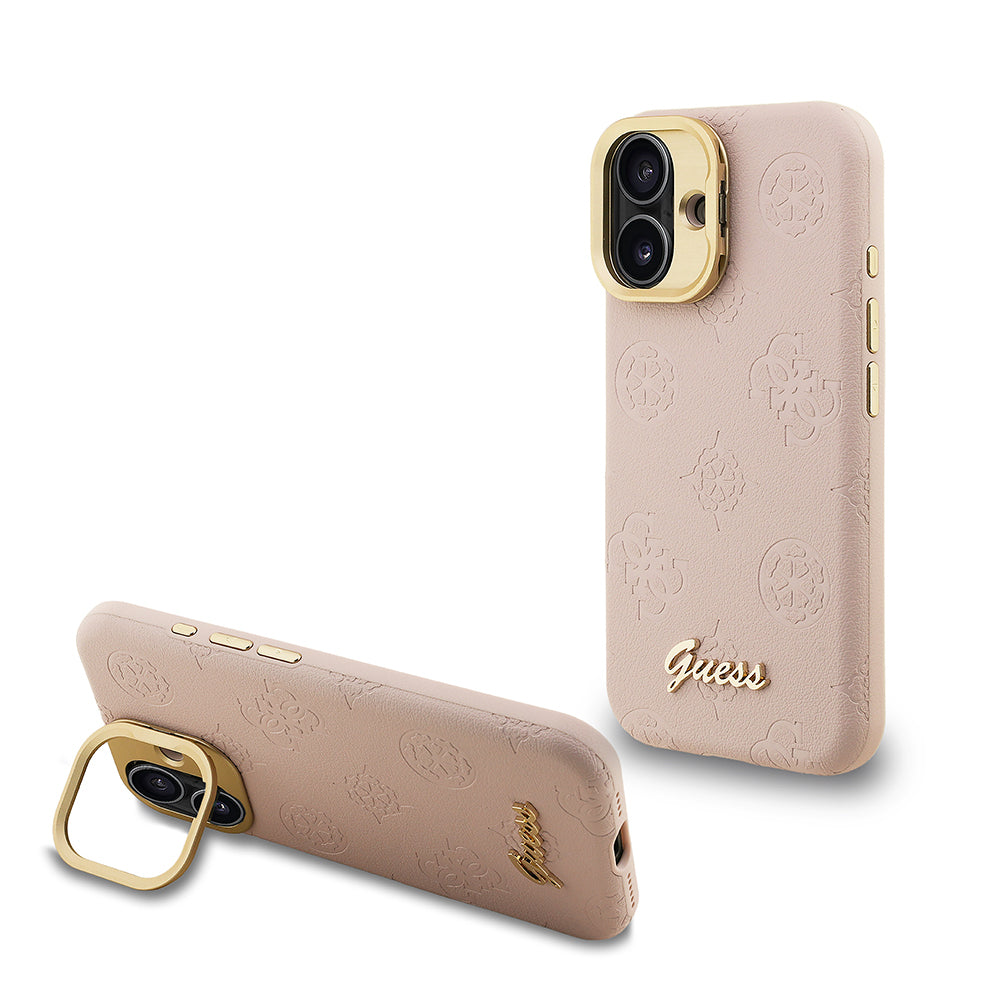 iPhone 16 Kılıf Guess Orjinal Lisanslı M-safe Şarj Özellikli Sıcak Baskılı Yazı Logolu Kamera Standlı PU Deri Peony Kapak