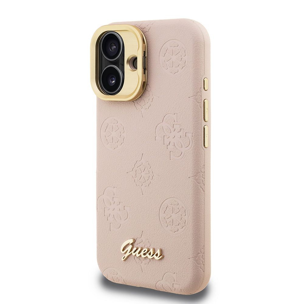iPhone 16 Kılıf Guess Orjinal Lisanslı M-safe Şarj Özellikli Sıcak Baskılı Yazı Logolu Kamera Standlı PU Deri Peony Kapak