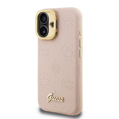 iPhone 16 Kılıf Guess Orjinal Lisanslı M-safe Şarj Özellikli Sıcak Baskılı Yazı Logolu Kamera Standlı PU Deri Peony Kapak