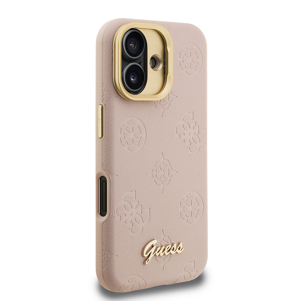 iPhone 16 Kılıf Guess Orjinal Lisanslı M-safe Şarj Özellikli Sıcak Baskılı Yazı Logolu Kamera Standlı PU Deri Peony Kapak