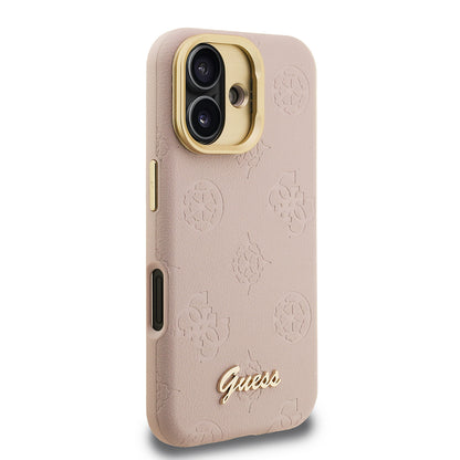 iPhone 16 Kılıf Guess Orjinal Lisanslı M-safe Şarj Özellikli Sıcak Baskılı Yazı Logolu Kamera Standlı PU Deri Peony Kapak