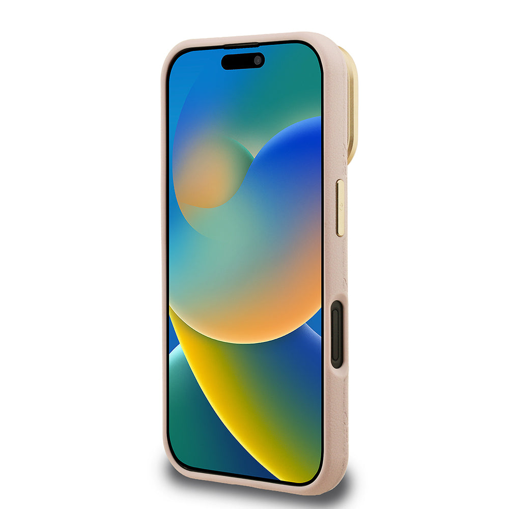 iPhone 16 Kılıf Guess Orjinal Lisanslı M-safe Şarj Özellikli Sıcak Baskılı Yazı Logolu Kamera Standlı PU Deri Peony Kapak