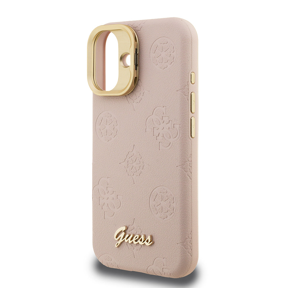 iPhone 16 Kılıf Guess Orjinal Lisanslı M-safe Şarj Özellikli Sıcak Baskılı Yazı Logolu Kamera Standlı PU Deri Peony Kapak