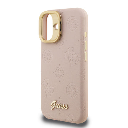 iPhone 16 Kılıf Guess Orjinal Lisanslı M-safe Şarj Özellikli Sıcak Baskılı Yazı Logolu Kamera Standlı PU Deri Peony Kapak