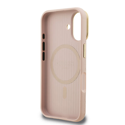 iPhone 16 Kılıf Guess Orjinal Lisanslı M-safe Şarj Özellikli Sıcak Baskılı Yazı Logolu Kamera Standlı PU Deri Peony Kapak