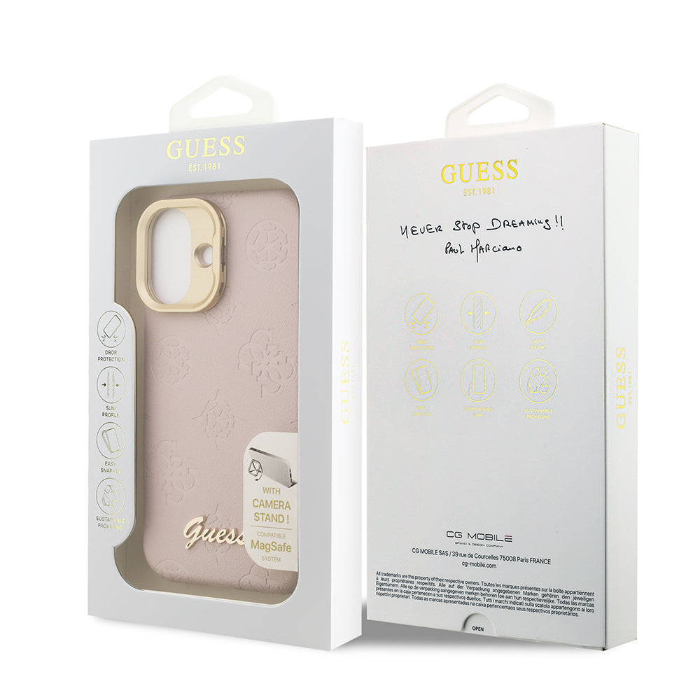 iPhone 16 Kılıf Guess Orjinal Lisanslı M-safe Şarj Özellikli Sıcak Baskılı Yazı Logolu Kamera Standlı PU Deri Peony Kapak