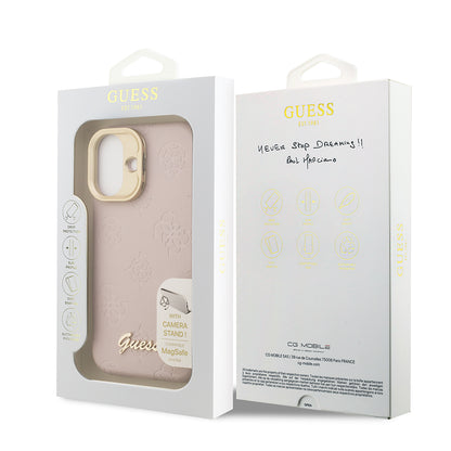 iPhone 16 Kılıf Guess Orjinal Lisanslı M-safe Şarj Özellikli Sıcak Baskılı Yazı Logolu Kamera Standlı PU Deri Peony Kapak