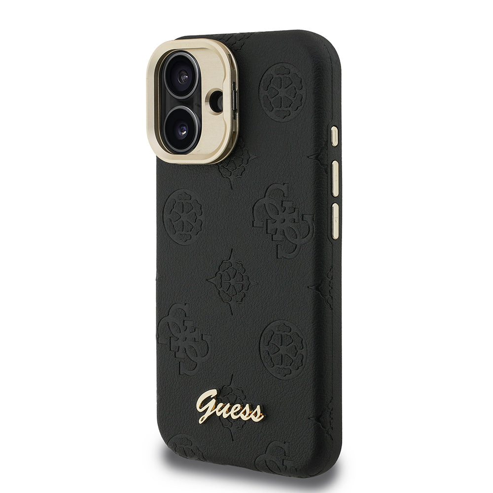 iPhone 16 Kılıf Guess Orjinal Lisanslı M-safe Şarj Özellikli Sıcak Baskılı Yazı Logolu Kamera Standlı PU Deri Peony Kapak