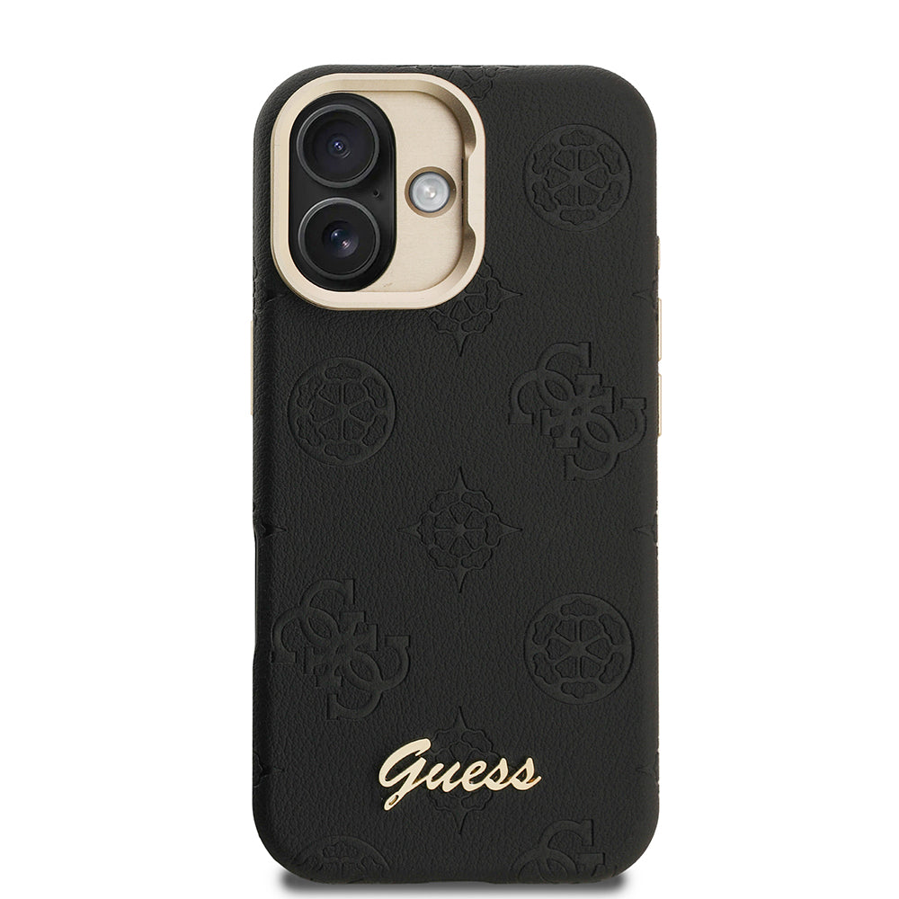 iPhone 16 Kılıf Guess Orjinal Lisanslı M-safe Şarj Özellikli Sıcak Baskılı Yazı Logolu Kamera Standlı PU Deri Peony Kapak