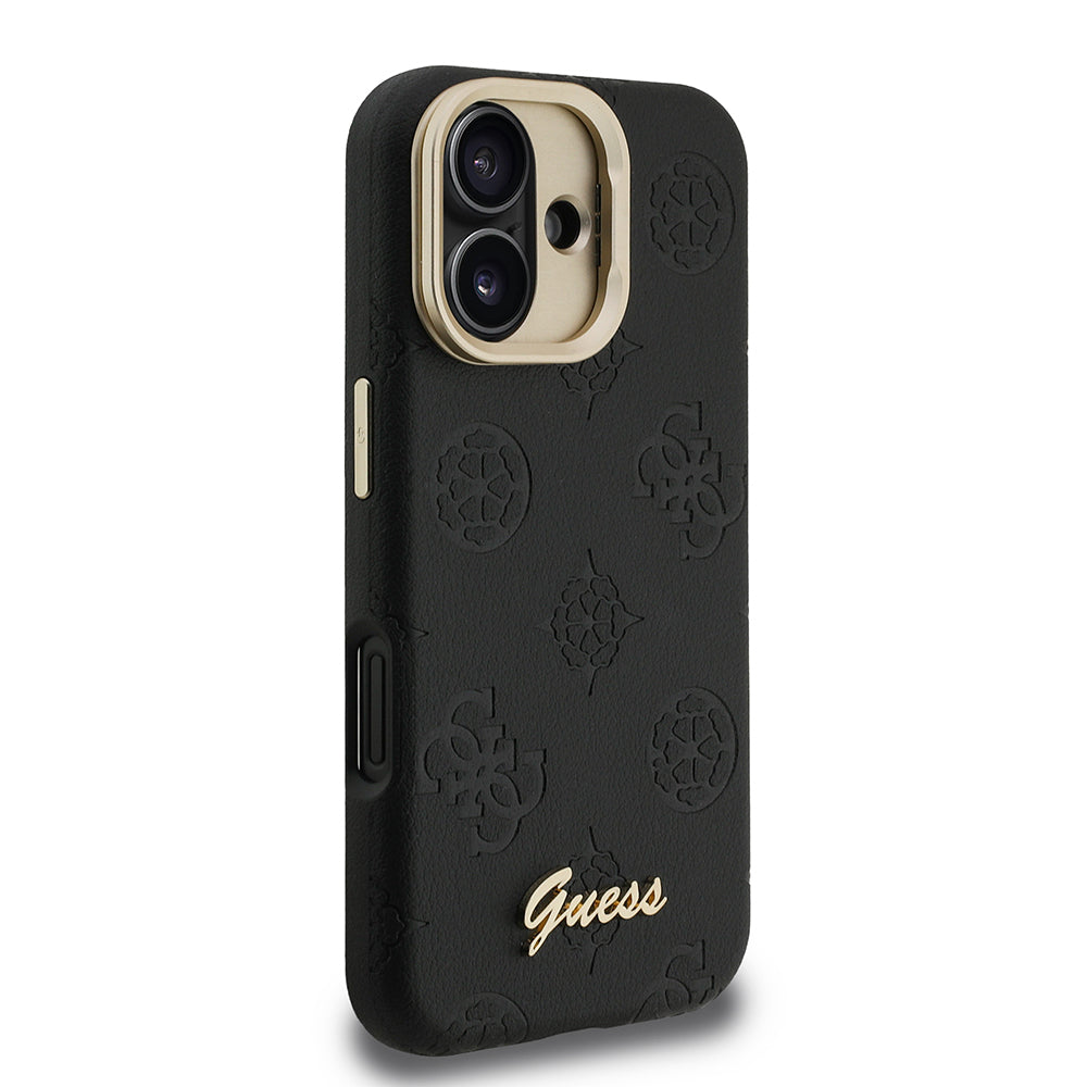 iPhone 16 Kılıf Guess Orjinal Lisanslı M-safe Şarj Özellikli Sıcak Baskılı Yazı Logolu Kamera Standlı PU Deri Peony Kapak