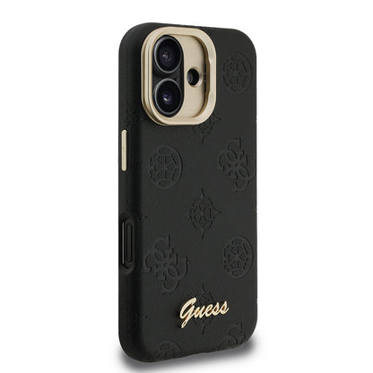 iPhone 16 Kılıf Guess Orjinal Lisanslı M-safe Şarj Özellikli Sıcak Baskılı Yazı Logolu Kamera Standlı PU Deri Peony Kapak