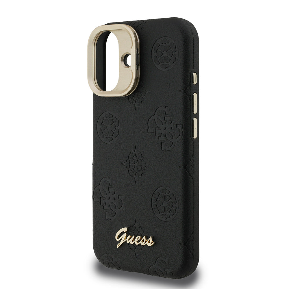 iPhone 16 Kılıf Guess Orjinal Lisanslı M-safe Şarj Özellikli Sıcak Baskılı Yazı Logolu Kamera Standlı PU Deri Peony Kapak