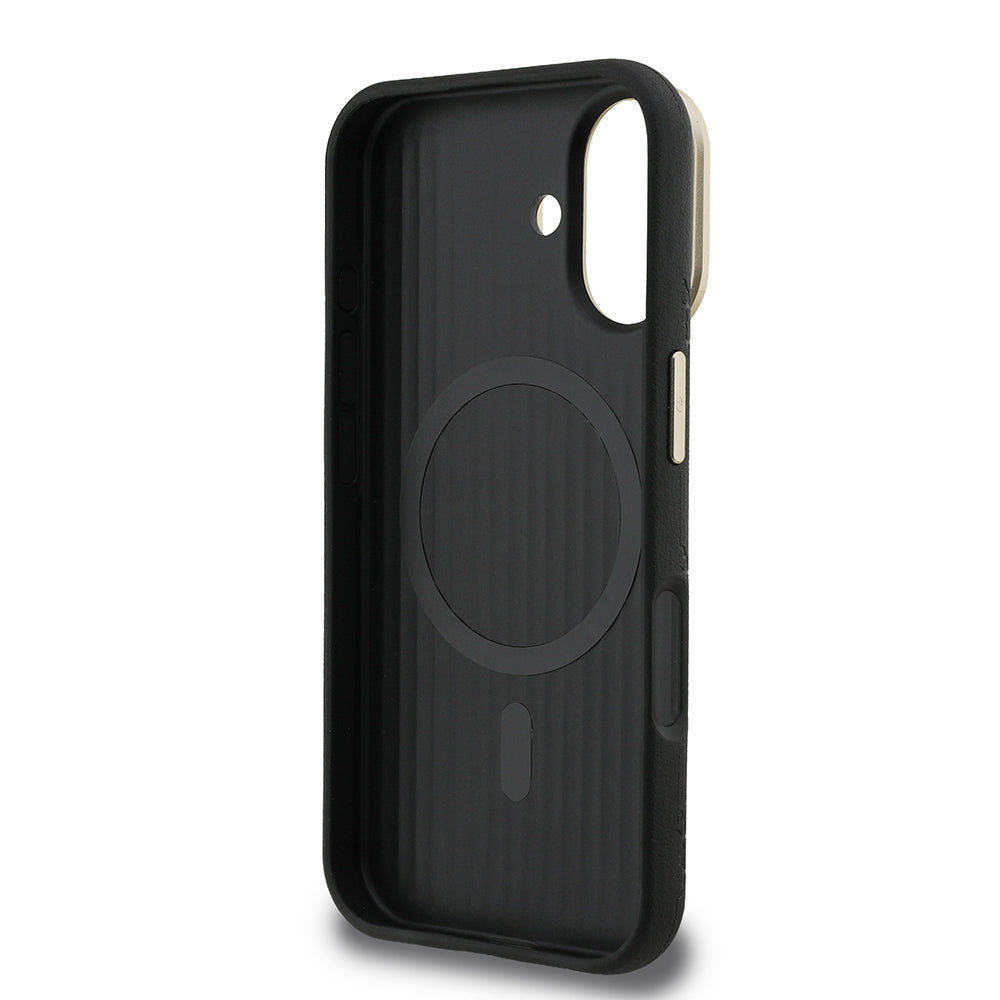 iPhone 16 Kılıf Guess Orjinal Lisanslı M-safe Şarj Özellikli Sıcak Baskılı Yazı Logolu Kamera Standlı PU Deri Peony Kapak