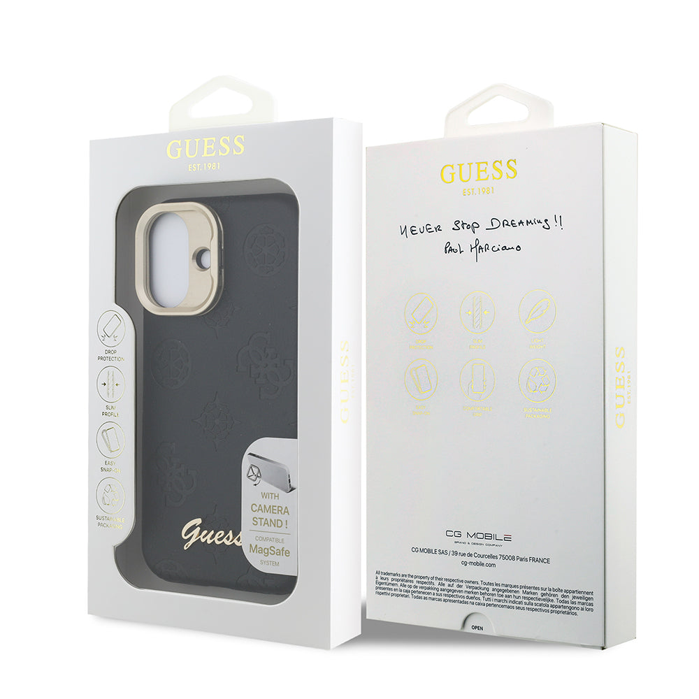 iPhone 16 Kılıf Guess Orjinal Lisanslı M-safe Şarj Özellikli Sıcak Baskılı Yazı Logolu Kamera Standlı PU Deri Peony Kapak