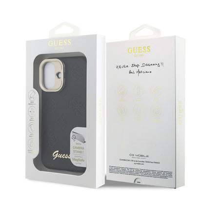 iPhone 16 Kılıf Guess Orjinal Lisanslı M-safe Şarj Özellikli Sıcak Baskılı Yazı Logolu Kamera Standlı PU Deri Peony Kapak