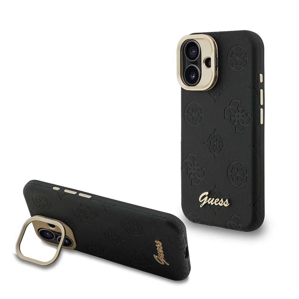 iPhone 16 Kılıf Guess Orjinal Lisanslı M-safe Şarj Özellikli Sıcak Baskılı Yazı Logolu Kamera Standlı PU Deri Peony Kapak