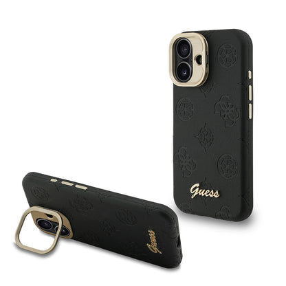 iPhone 16 Kılıf Guess Orjinal Lisanslı M-safe Şarj Özellikli Sıcak Baskılı Yazı Logolu Kamera Standlı PU Deri Peony Kapak